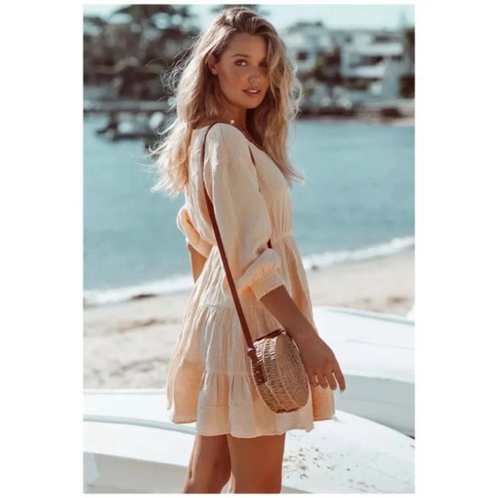 CLEARANCE Peach Tiered Ruffle Button Neck Mini Dress - Picture 2 of 5